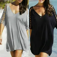 M-XXXL Plus Size Womens meia manga com decote em v Verão solto preto Mini Vestidos de Praia Cover Up Trajes de Banho Das Senhoras Praia Vestido de Verão(China)