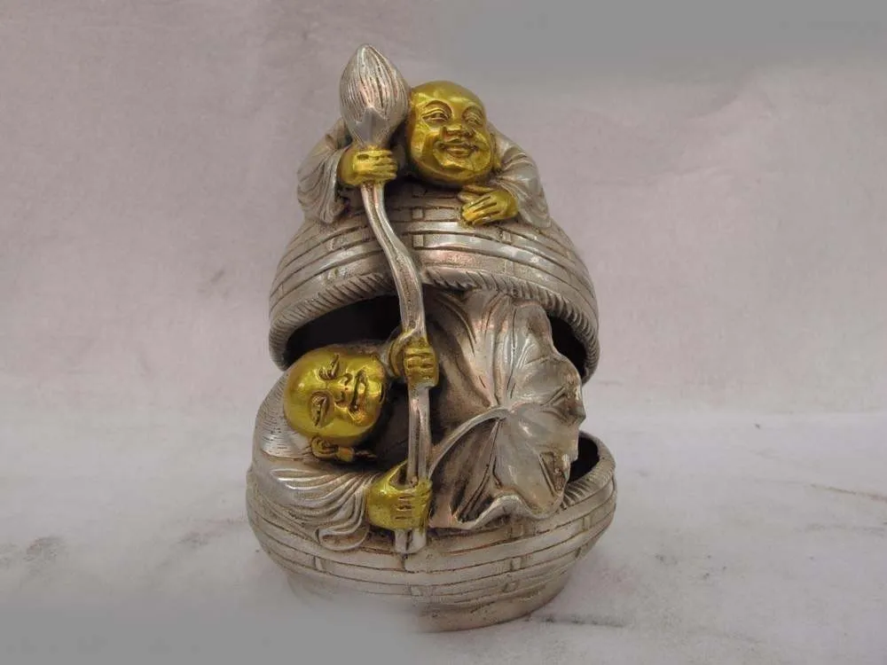 6 Chinese Palace White Copper Silver Gild Lotus Hop Immortals God Budddha Statue SD 506