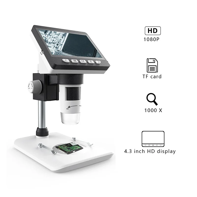 1000X Illuminated Digital Microscope with 4.3 inch LCD Display Industrial Microscope Adjustable Stand for PCB Inspection Repair
1000X Illuminated Digital Microscope with 4.3 inch LCD Display Industrial Microscope Adjustable Stand for PCB Inspection Repair