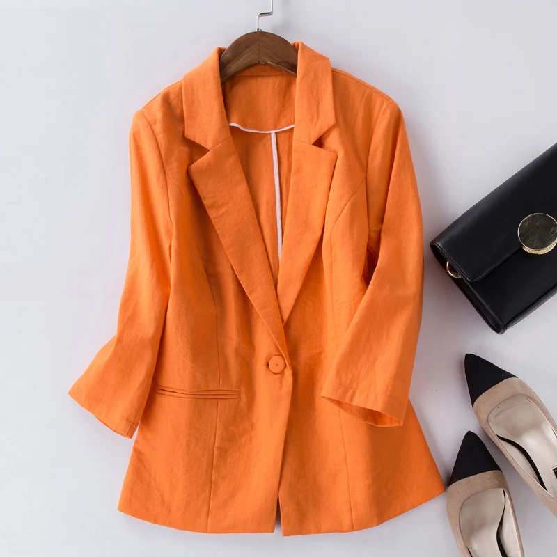 

Female Blazer Feminino Plus Size 2XL Formal Jacket Women's yellow Blaser Ladies Blue Women Cotton Linen Suit Office Ladies Jacke