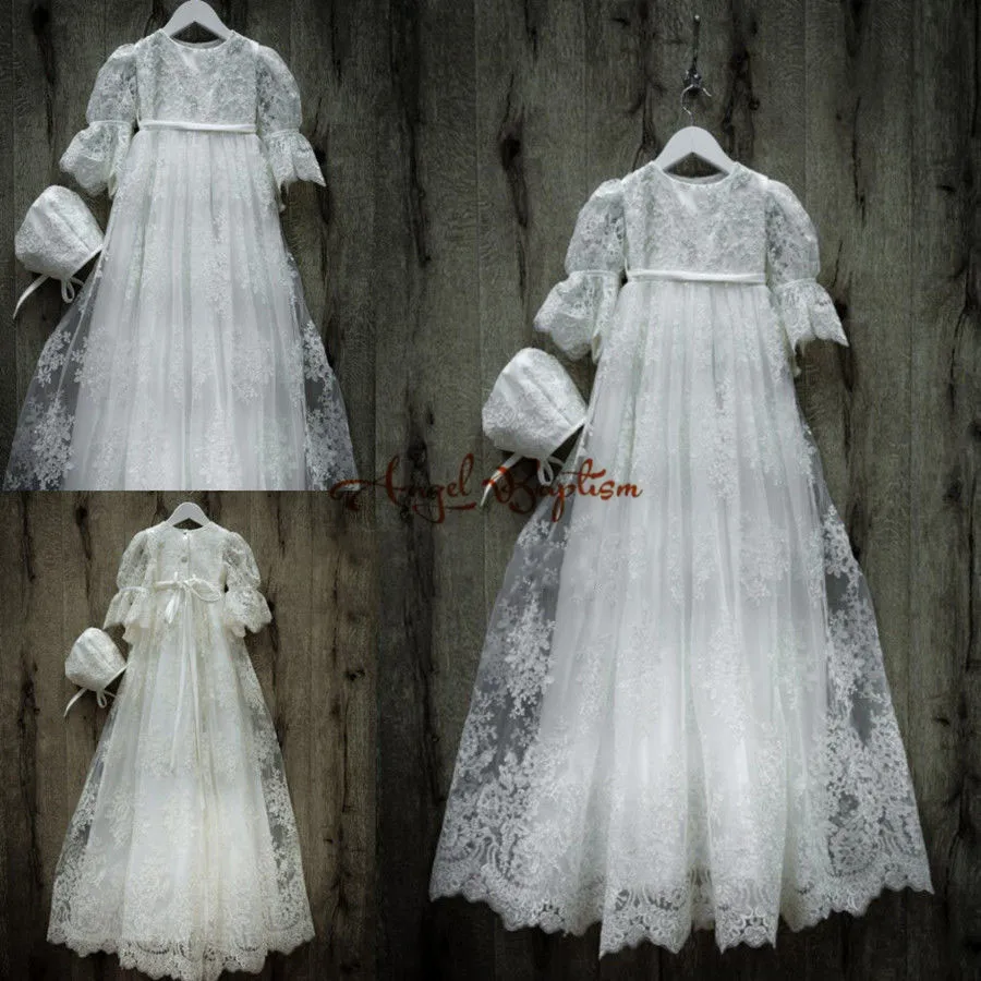 Beaded Vintage long sleeves White/ ivory lace infant girl baptism dress baby christening dresses long gown with hat and sash
Beaded Vintage long sleeves White/ ivory lace infant girl baptism dress baby christening dresses long gown with hat and sash
