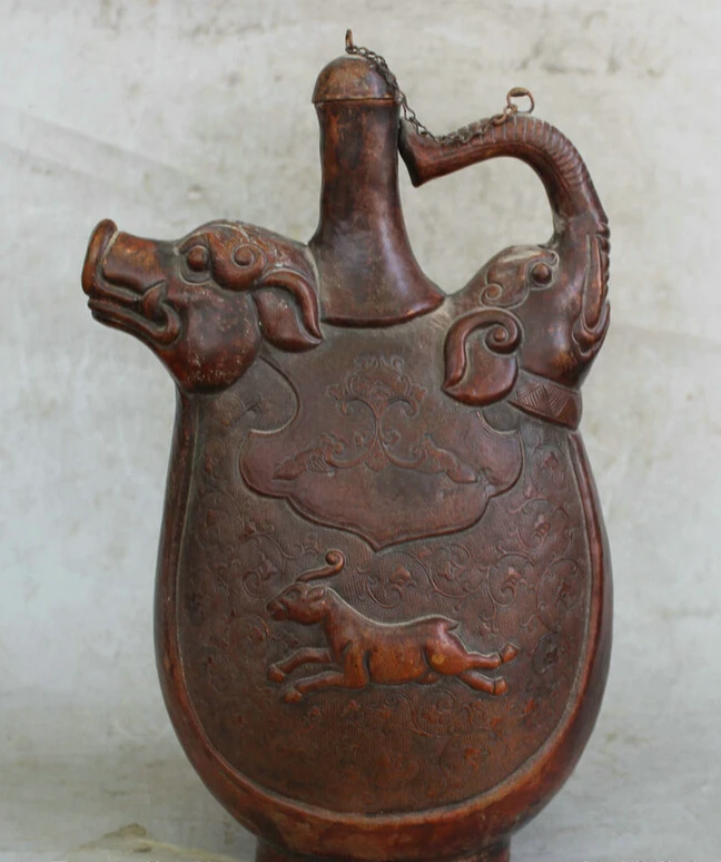 Collectible bronze S1530 12" Chinese Bronze Pig Elephant Head Handle Beast Horse Milk Wine Tea Flagon 
Collectible bronze S1530 12" Chinese Bronze Pig Elephant Head Handle Beast Horse Milk Wine Tea Flagon