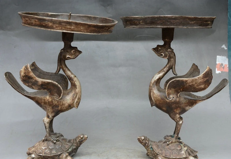 14" Old Chinese Folk FengShui Silver Phoenix On Turtle Candlestick Candleholder
14" Old Chinese Folk FengShui Silver Phoenix On Turtle Candlestick Candleholder