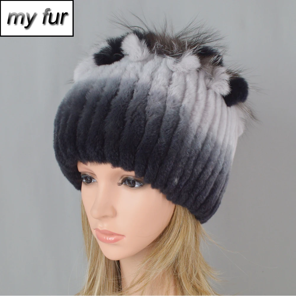 Women Natural Real Rex Rabbit Fur Beanies Hats Winter Warm Knit Genuine Caps New Female With Fox Skullies Cap | Аксессуары для