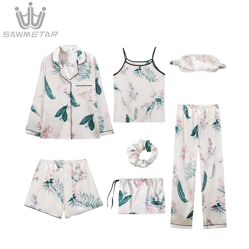 2019 Women's 7 Pieces Pajamas Sets Emulation Silk Pijama Print Pyjamas Women Turn-Down Collar Sleepwear Spring Summer Homewear 
2019 Women's 7 Pieces Pajamas Sets Emulation Silk Pijama Print Pyjamas Women Turn-Down Collar Sleepwear Spring Summer Homewear
