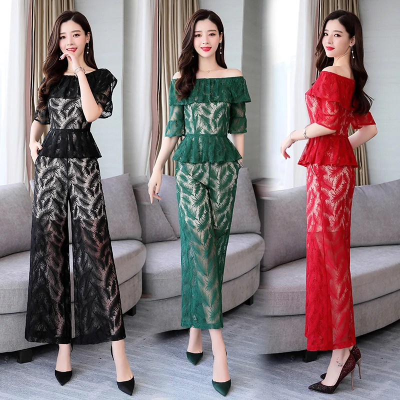 New Female Summer Two Pieces lace Sets 2019 short Sleeve slash neck lace Tops And elastic Waist wide leg pants trousers Suits
New Female Summer Two Pieces lace Sets 2019 short Sleeve slash neck lace Tops And elastic Waist wide leg pants trousers Suits