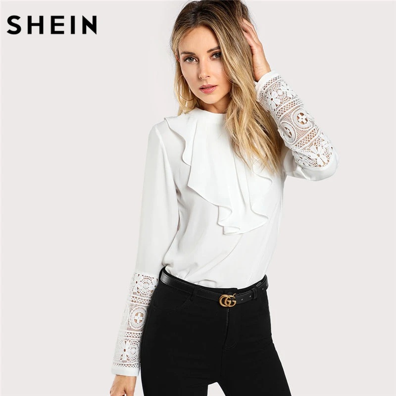 SHEIN White Keyhole Back Lace Ruffle Top Women Round Neck Long Sleeve Button Plain Blouse 2018 Spring Elegant Blouse
SHEIN White Keyhole Back Lace Ruffle Top Women Round Neck Long Sleeve Button Plain Blouse 2018 Spring Elegant Blouse