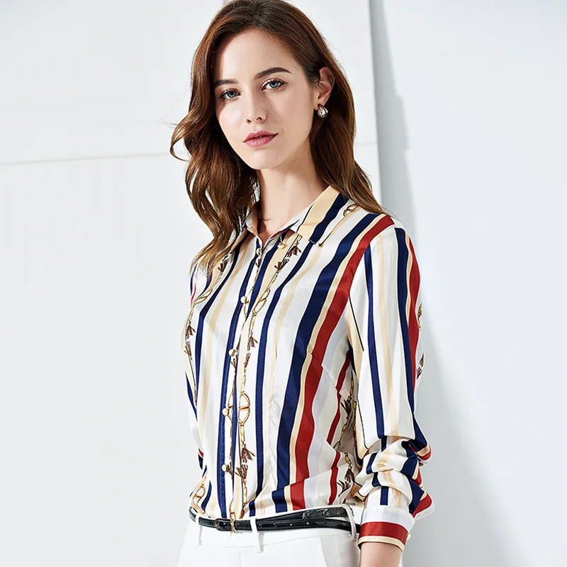 100% Mulberry Silk Shirt/Satin Blouses/Shirt Woman Long Sleeve/Personalized Printed Women's Shirt/Slim Stripe Summer Ladies Tops 
100% Mulberry Silk Shirt/Satin Blouses/Shirt Woman Long Sleeve/Personalized Printed Women's Shirt/Slim Stripe Summer Ladies Tops