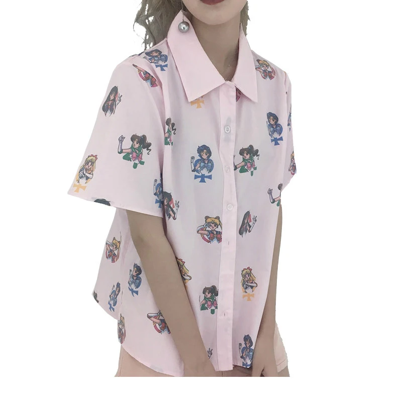 Summer Pink Sailormoon Shirt Kawaii Tshirt Women Cute Cartoon Shirts for Girls Buttons Up Loose Short Sleeve Blouse Algodon 2019
Summer Pink Sailormoon Shirt Kawaii Tshirt Women Cute Cartoon Shirts for Girls Buttons Up Loose Short Sleeve Blouse Algodon 2019