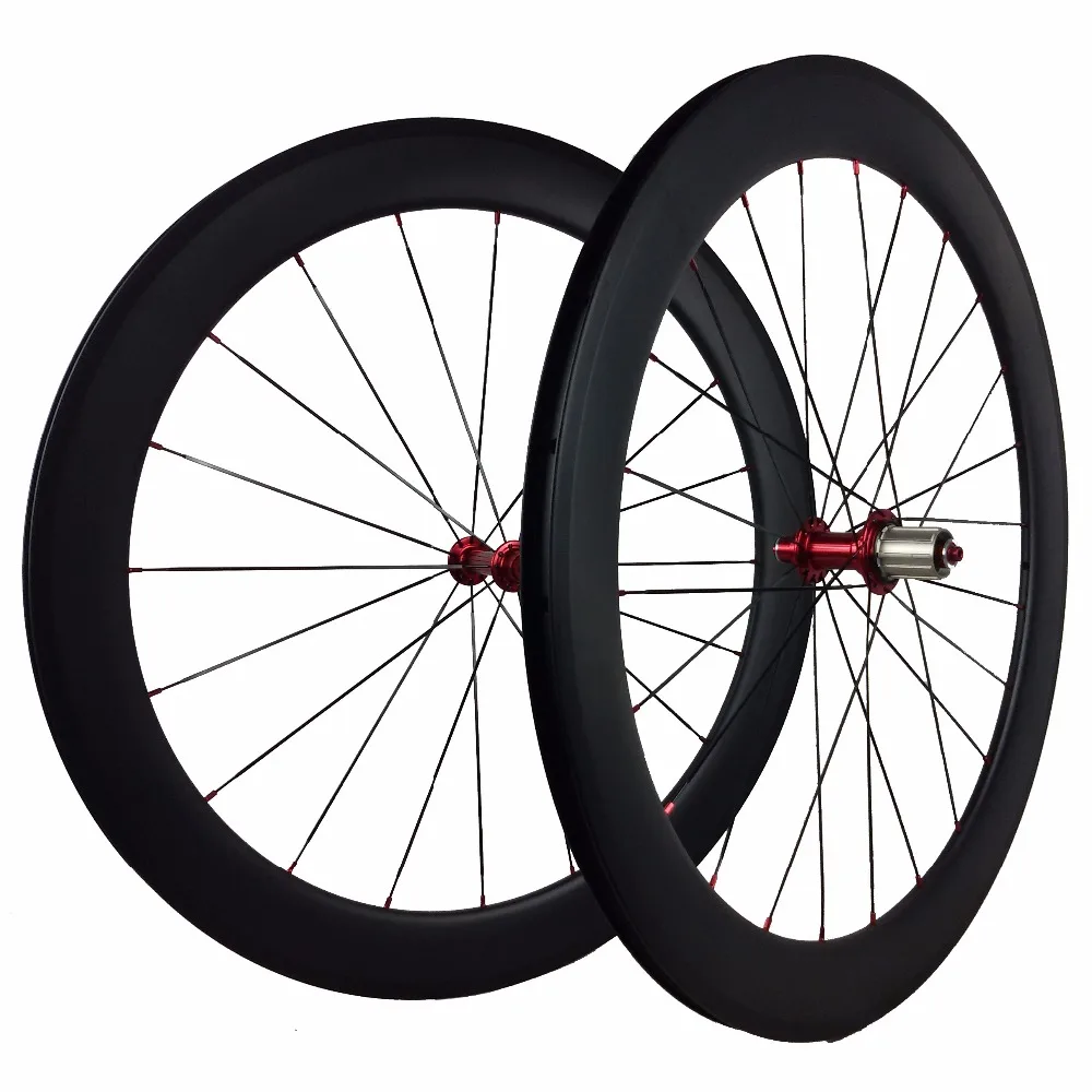 

International OEM Brand Factory Offer Light 700C 60mm Clincher Carbon Road Light-Bicycle Wheels Powerway R13/R36 Red Color Hubs