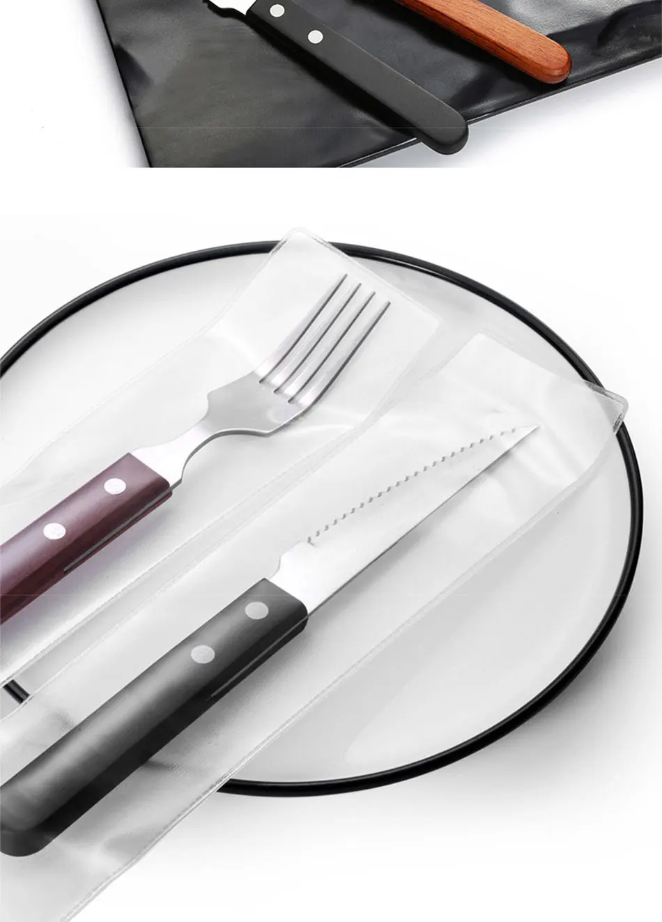 Chic Wooden Handle Dinnerware Set Stainless Steel Black Rosewood Knife Fork Tableware Cutlery European Western Food Set 3pcs (10)