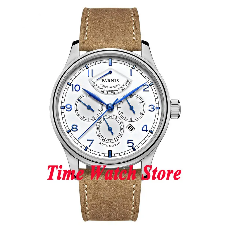 42mm parnis 26 jewels miyota 9100 Automatic men's Watch white dial power reserve Sapphire Glass cow leather strap 537
42mm parnis 26 jewels miyota 9100 Automatic men's Watch white dial power reserve Sapphire Glass cow leather strap 537