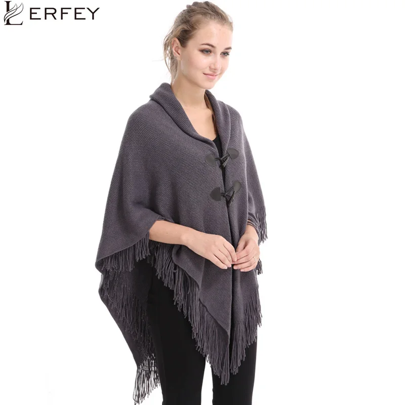 

LERFEY Women Poncho Tassel Shawls Tassel Pashmina Horn Buttons Knitted Tops Female Loose Knitwear Wrap Pull Pullovers Cape