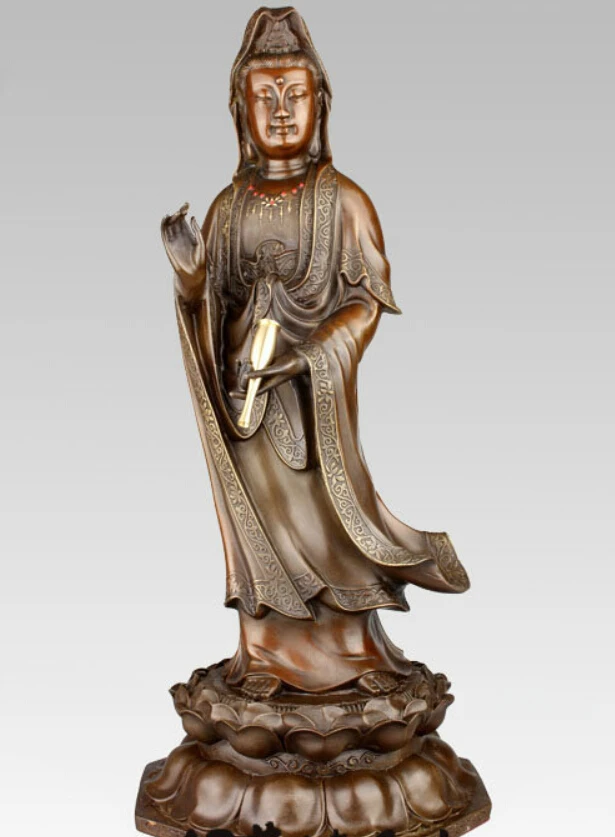 China Tibet Standing Kwan-yin Guanyin Buddha Bronze Statue Hold Bottle
