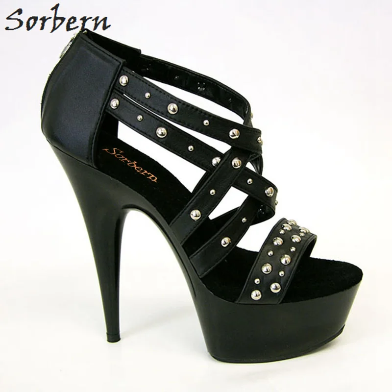 

Sorbern Sandalias Mujer 2018 Ladies Party Sandals Shoes 15CM Heels Rivets Platform Zipper Back Womens Sandals Shoes Spike Heels