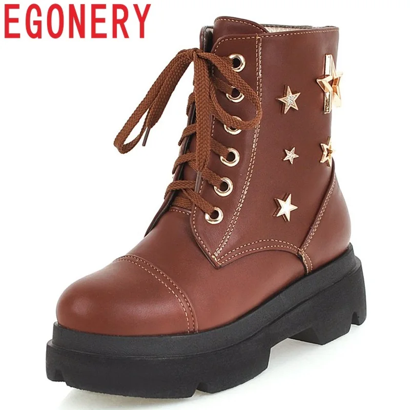 EGONERY 2018 women shoes concise casual round toe high square heel platform metal decoration lace-up black and brown ankle boots
EGONERY 2018 women shoes concise casual round toe high square heel platform metal decoration lace-up black and brown ankle boots