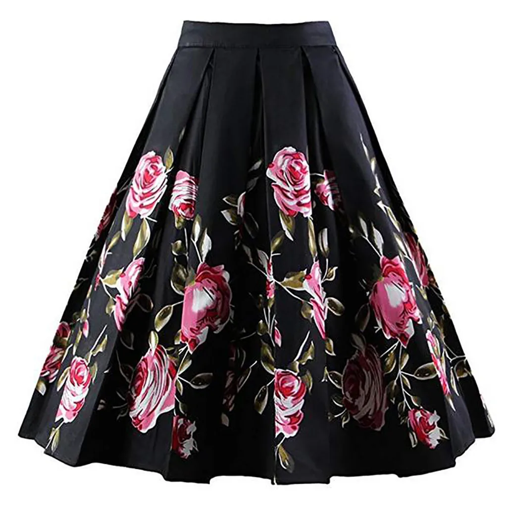 

Women's Skirt Skirts faldas jupe femme shein Vintage A-line Floral High Waist Printed Pleated Flared Gown Midi Skirts #50