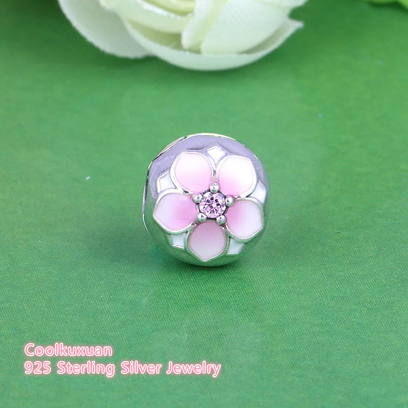 

2019 Spring 925 Sterling Silver Magnolia Bloom Pale Cerise Enamel & Pink CZ Clip Charm Fits Pandora Bracelets Diy Jewelry Making
