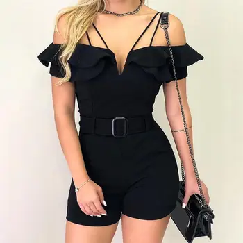 

2019 Women Elegant V Cut Short Sleeve Casual Party Playsuit Layered Ruffles Cold Shoulder Regular Belted Romper Overall