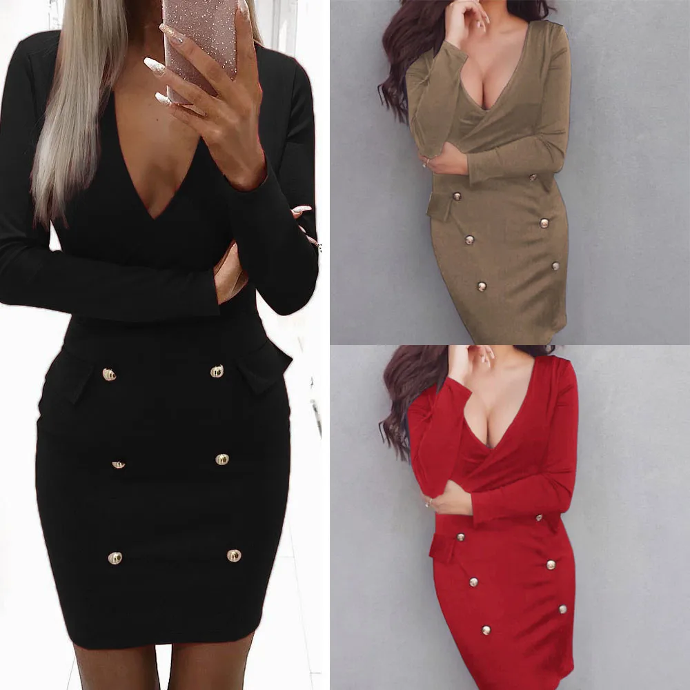 Sexy Autumn Womens Deep V Bodycon Dress Long Sleeve Solid Evening Party Mini Dresses Elegant Vestidos Clothes 
Sexy Autumn Womens Deep V Bodycon Dress Long Sleeve Solid Evening Party Mini Dresses Elegant Vestidos Clothes