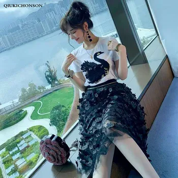Casual summer sets women two piece set sequined 3D black swan embroidery tshirt top + 3D flowers tulle skirt matching set outfit
Casual summer sets women two piece set sequined 3D black swan embroidery tshirt top + 3D flowers tulle skirt matching set outfit