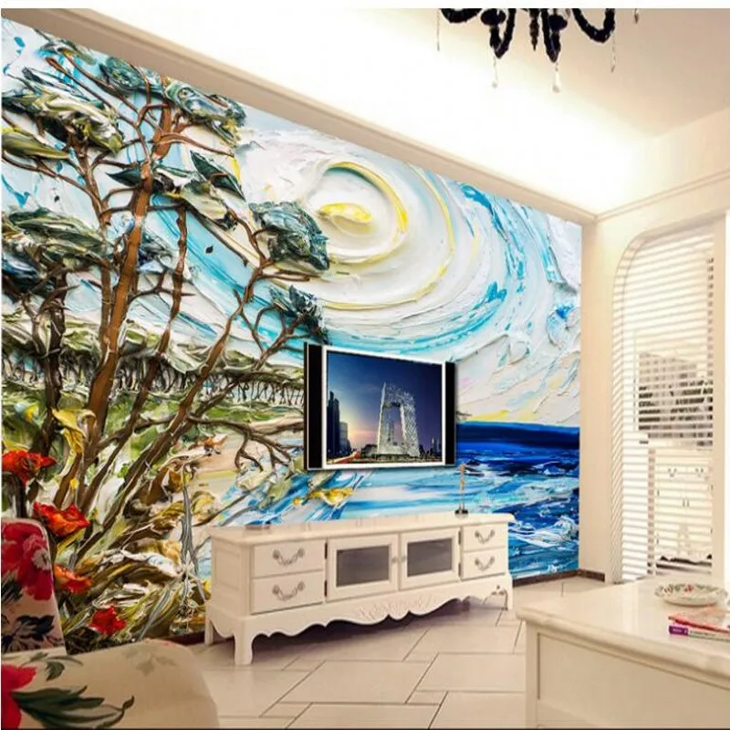 

wellyu Custom large - scale murals creative fashion hand - painted three - dimensional painting landscapes TV backdrop