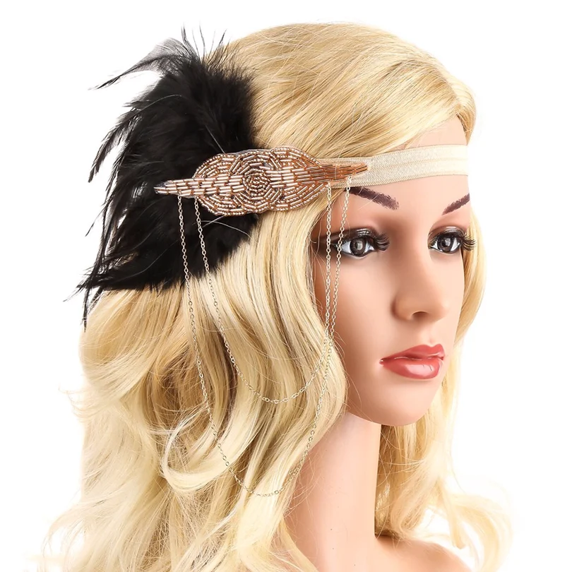 

1920s Great Gatsby Crystal Headpiece Deluxe Flapper Girl Cocktail Chain Vintage Feather Headband Roaring 20s Party Accessories