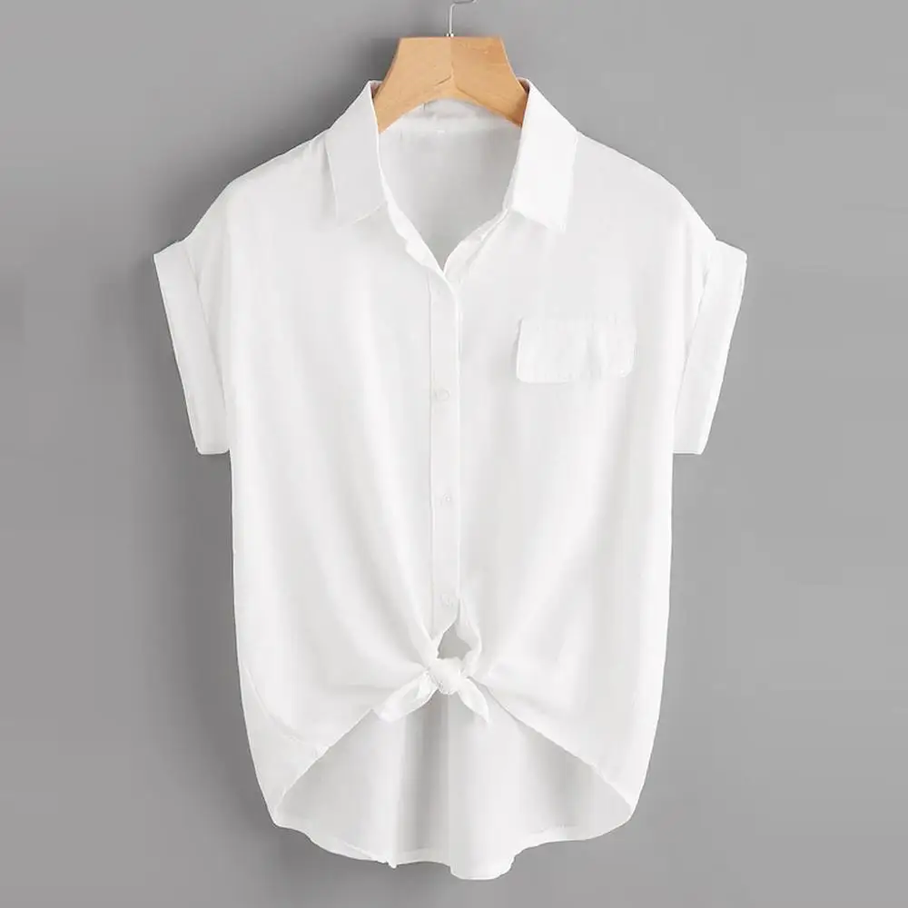 

2019 New Fashion Rolled Cuff Button Knotted Hem Shirt Womens Tops And Blouses Summer Tops For Ladies Short Sleeve Blouse AD