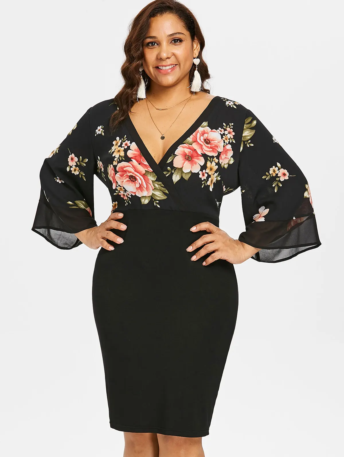 Wipalo Women Plus Size 5XL Bell Sleeve Low Cut Floral Dress Plunging Neck 3/4 Sleeve Spring Dresses Party OL Dress Vestidos
Wipalo Women Plus Size 5XL Bell Sleeve Low Cut Floral Dress Plunging Neck 3/4 Sleeve Spring Dresses Party OL Dress Vestidos