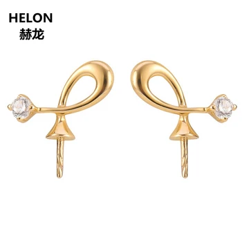 Solid 14k Yellow Gold Natural Diamonds Stud Earrings 8-14mm Pearl Semi Mount Earrings White Rose Gold Optional