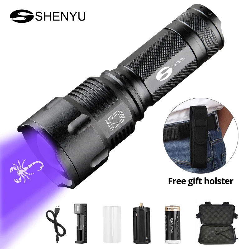 

SHENYU Black Light Flashlight Ultraviolet Scorpion Torch 26650 Zoom Waterproof T6 2000LM 3 Mode Light For 3x AA batteries