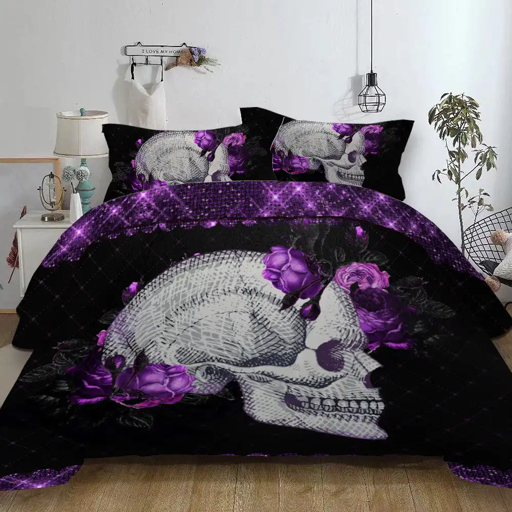 Luxurious Purple Sugar Skull Printed Bedding Set For Comforter Bed