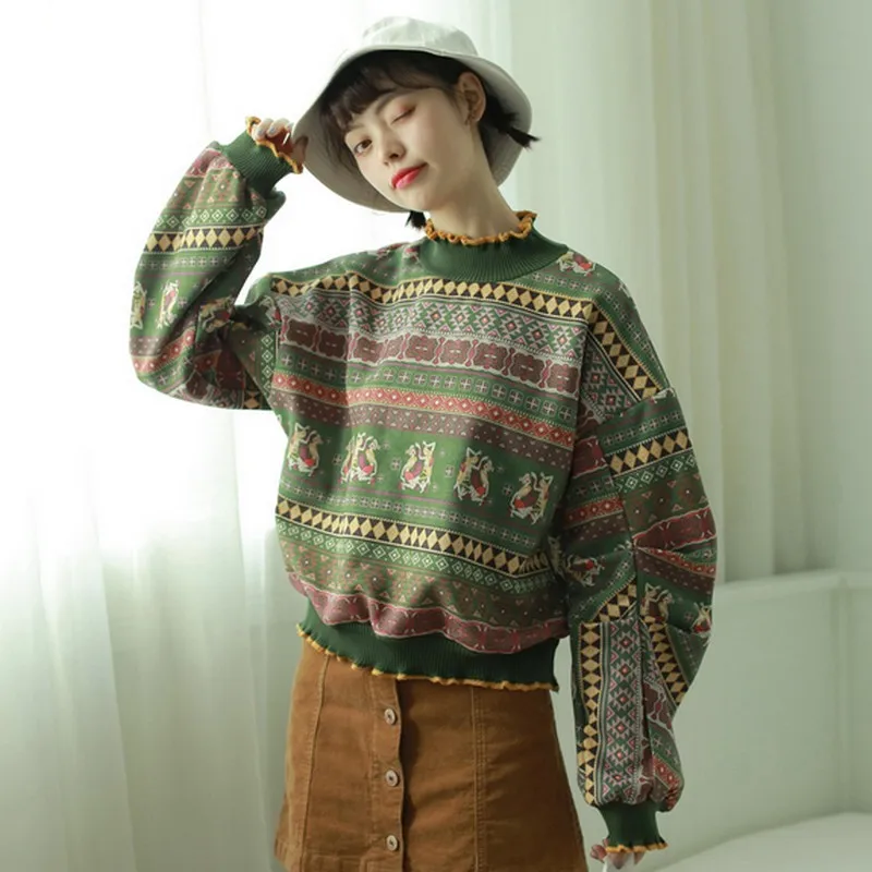 Vintage Suede Sweatshirts For Women Ruffled Semi-high Collar Hoodies Folk Style Sweatshirt Moletom Long Sleeve Crop Tops | Женская