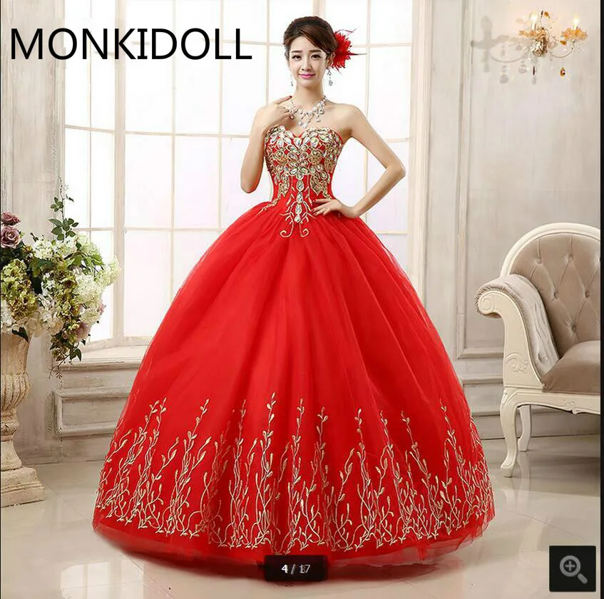 2017 new arrival red gold lace appliques crystals wedding dress strapless sweetheart neckline beaded formal wedding gowns
2017 new arrival red gold lace appliques crystals wedding dress strapless sweetheart neckline beaded formal wedding gowns