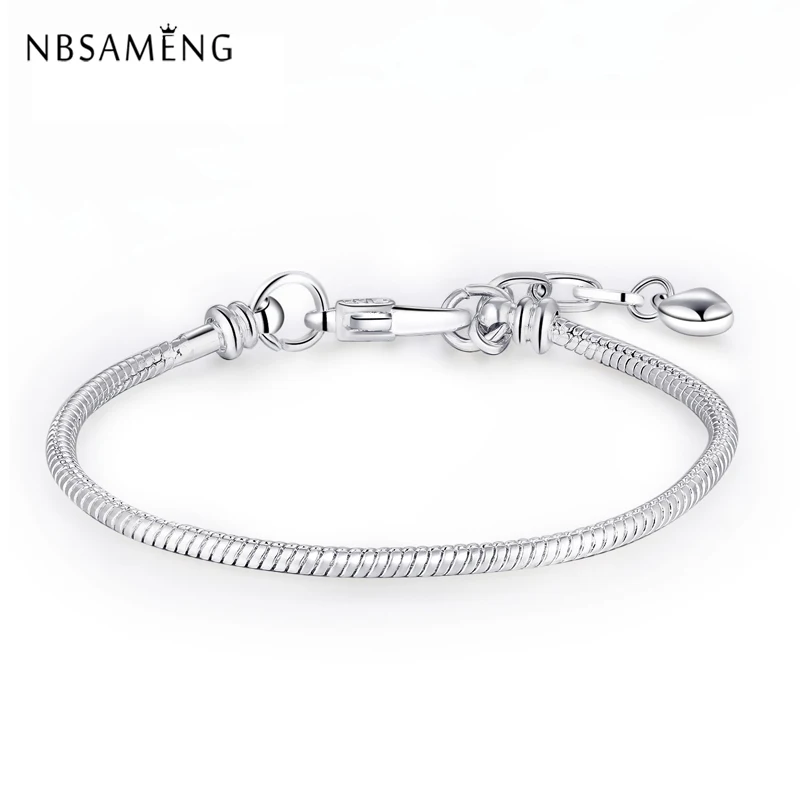 

New Silver Bracelet Bangle Heart Chain Snake Womens Charm Bracelet With Lobster Clasp Fit Pan Charm Bead DIY Jewelry