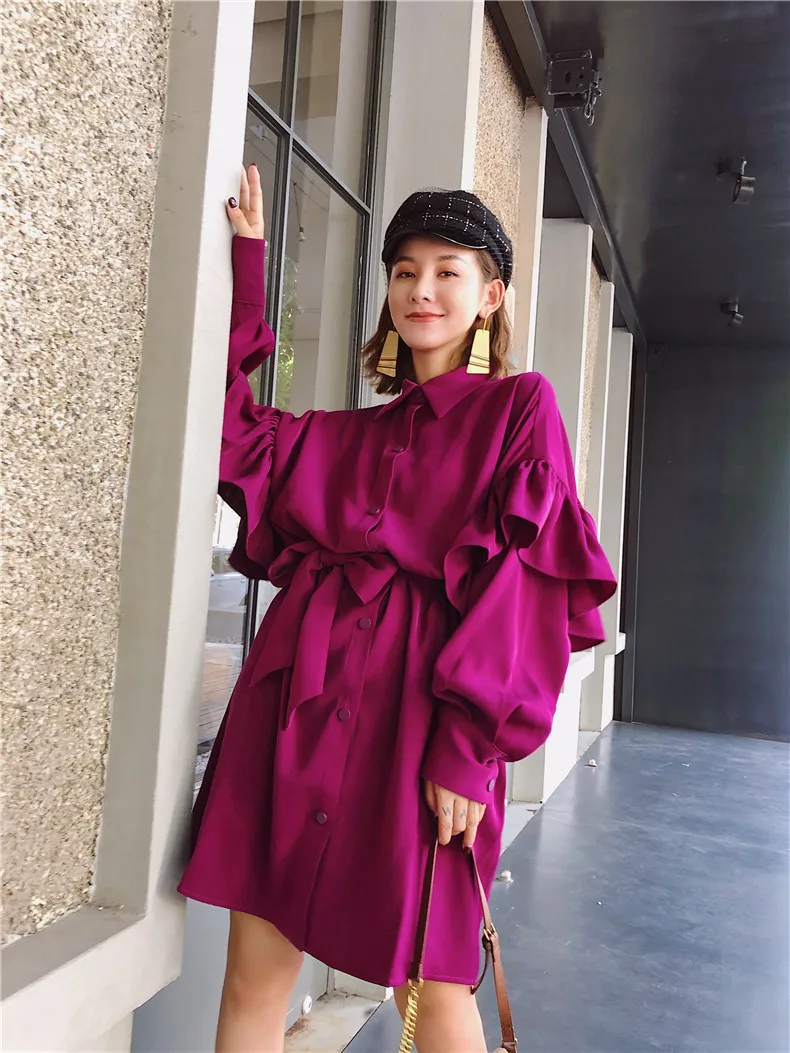 Patchwork Ruffles Waist Belt Loose Button Turndown Collar Long Sleeve Vintage Violet Purple Oversized Women Dress Vintage Korean
Patchwork Ruffles Waist Belt Loose Button Turndown Collar Long Sleeve Vintage Violet Purple Oversized Women Dress Vintage Korean