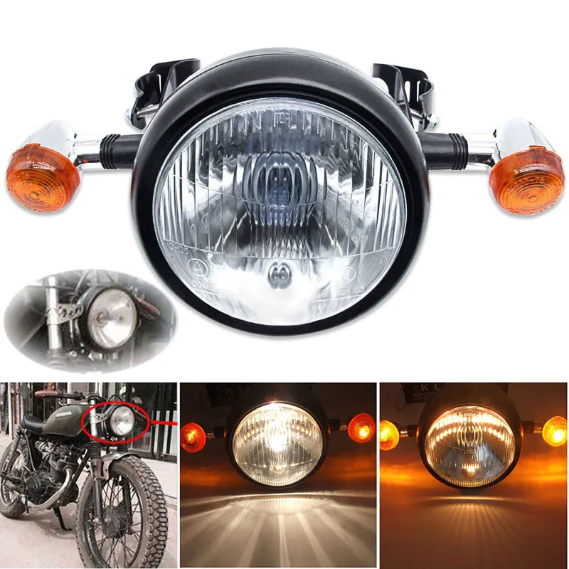 1set Motorcycle Retro Front Headlight Turn Signal Light+Mount For Cafe Racer Bobber