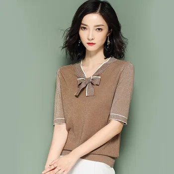JoursNeige Knitted Pullovers Women 2018 New Summer Bow V-Neck Stripped Short Sleeved Stella Filante Jumper Knitwear Thin Sweater
JoursNeige Knitted Pullovers Women 2018 New Summer Bow V-Neck Stripped Short Sleeved Stella Filante Jumper Knitwear Thin Sweater