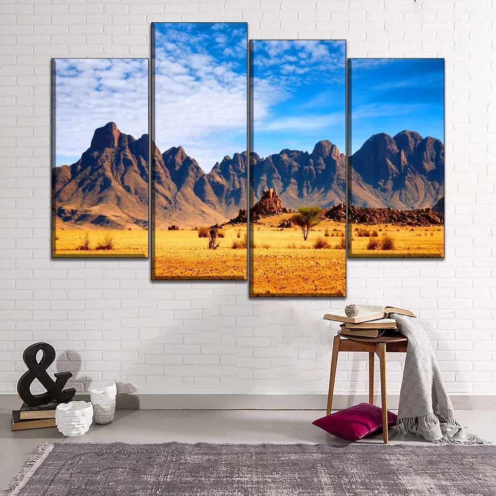 Home Decorative Canvas HD Printed 4 Panel African Savanna Landscape Mountains Paintings Modular Pictures Wall Art Poster Frame | Дом и сад