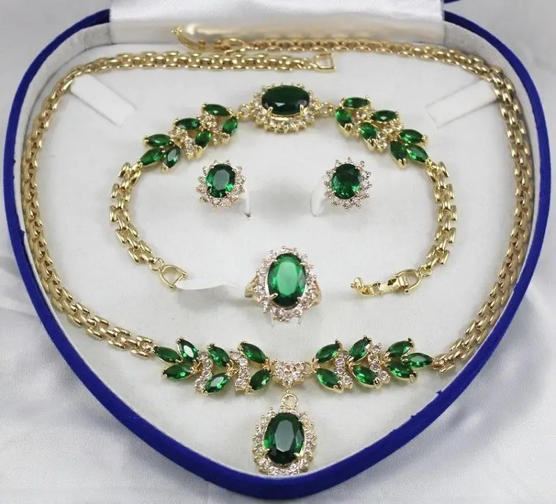 Women's Wedding women's jewelry Green Crystal Gem yellow gold Earring Bracelet Necklace Ring+box 5.27 real silver -jewelry
Women's Wedding women's jewelry Green Crystal Gem yellow gold Earring Bracelet Necklace Ring+box 5.27 real silver -jewelry