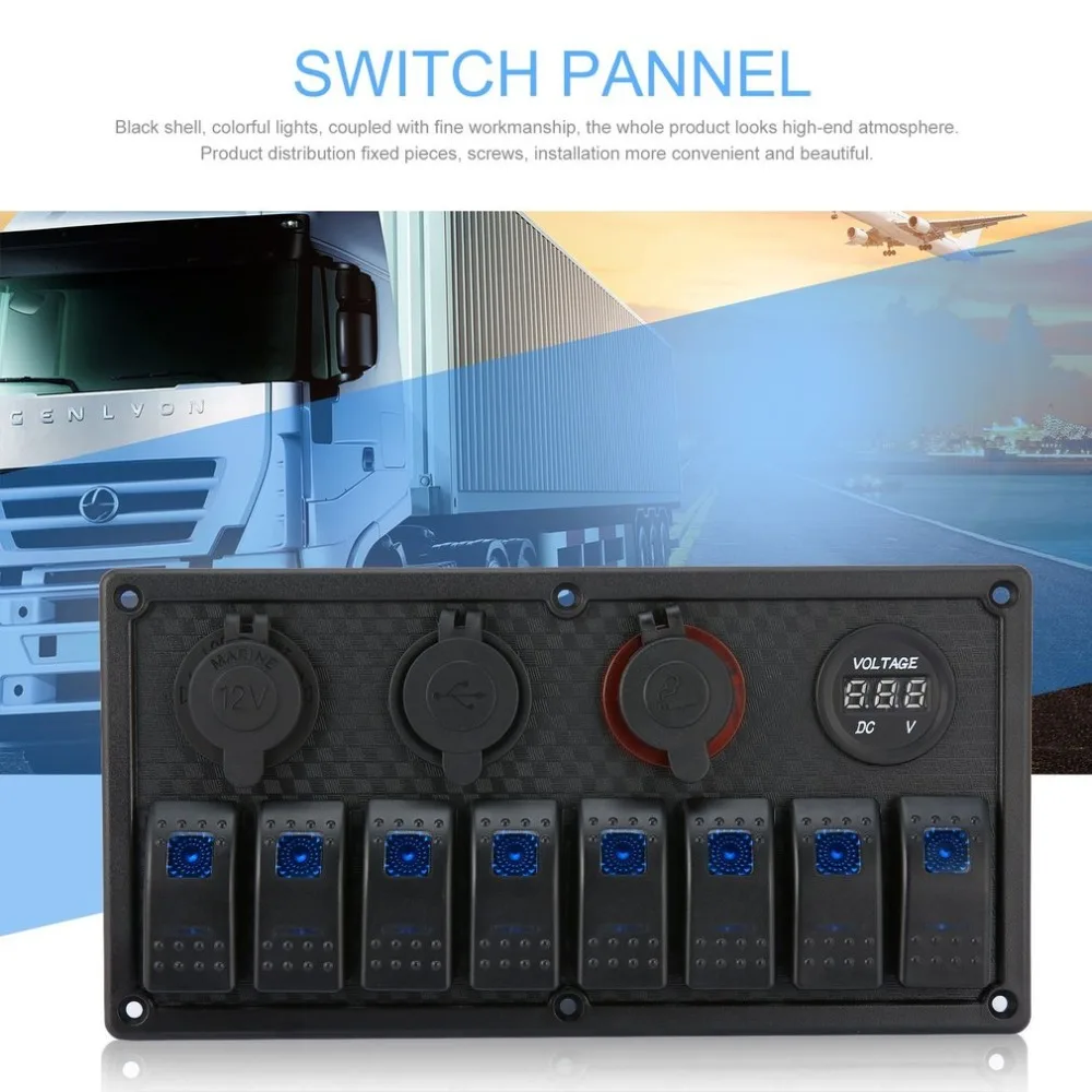 New 8 Gang LED Car Boat Rocker Switch Panel Dual USB Cigarette Lighter Socket Voltmeter Auto Car LED Boat Switch PanelHot Sale
New 8 Gang LED Car Boat Rocker Switch Panel Dual USB Cigarette Lighter Socket Voltmeter Auto Car LED Boat Switch PanelHot Sale