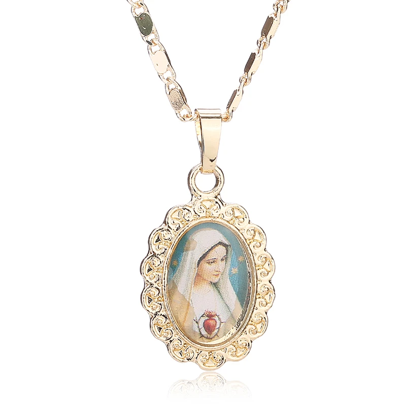 

BTSETS Gold Color Friendship Necklaces Vintage Oval Virgin Mary Long Pendant Necklace Women Chain Crucifix Religious Jewelry