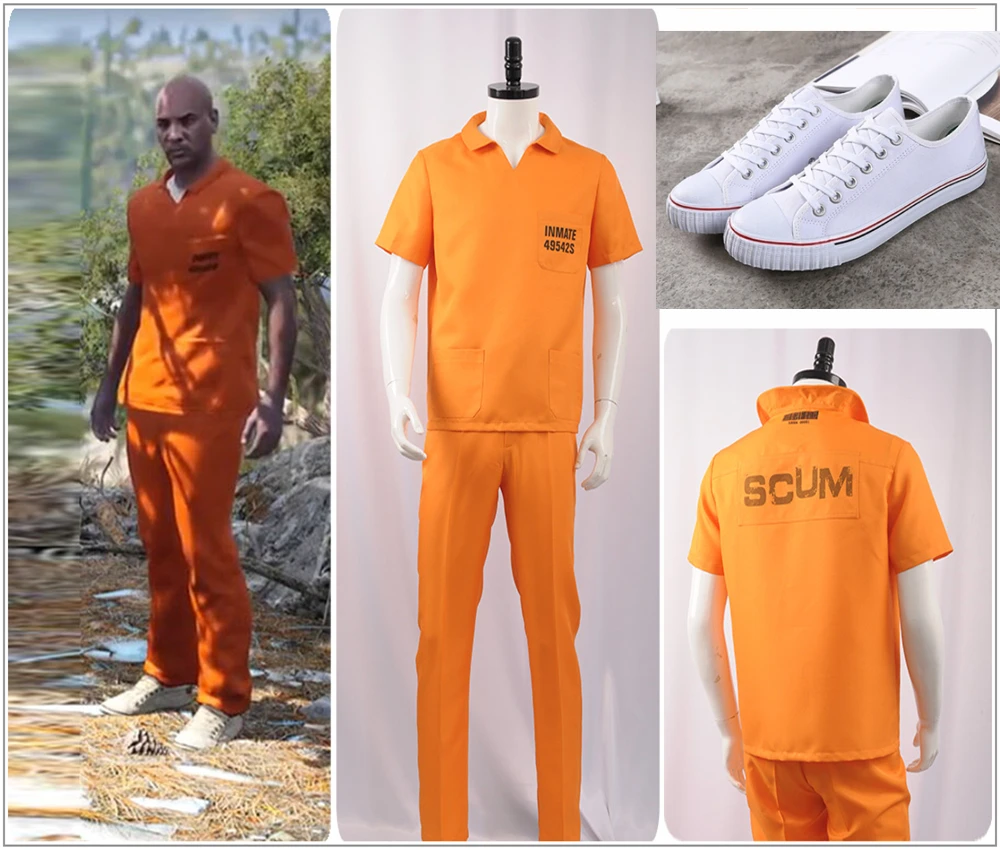 Game SCUM Prisoner Orange Cosplay Costume COS Custom Made Men Women T-shirt True Pocket Pants White Shoes male size 39-44
Game SCUM Prisoner Orange Cosplay Costume COS Custom Made Men Women T-shirt True Pocket Pants White Shoes male size 39-44