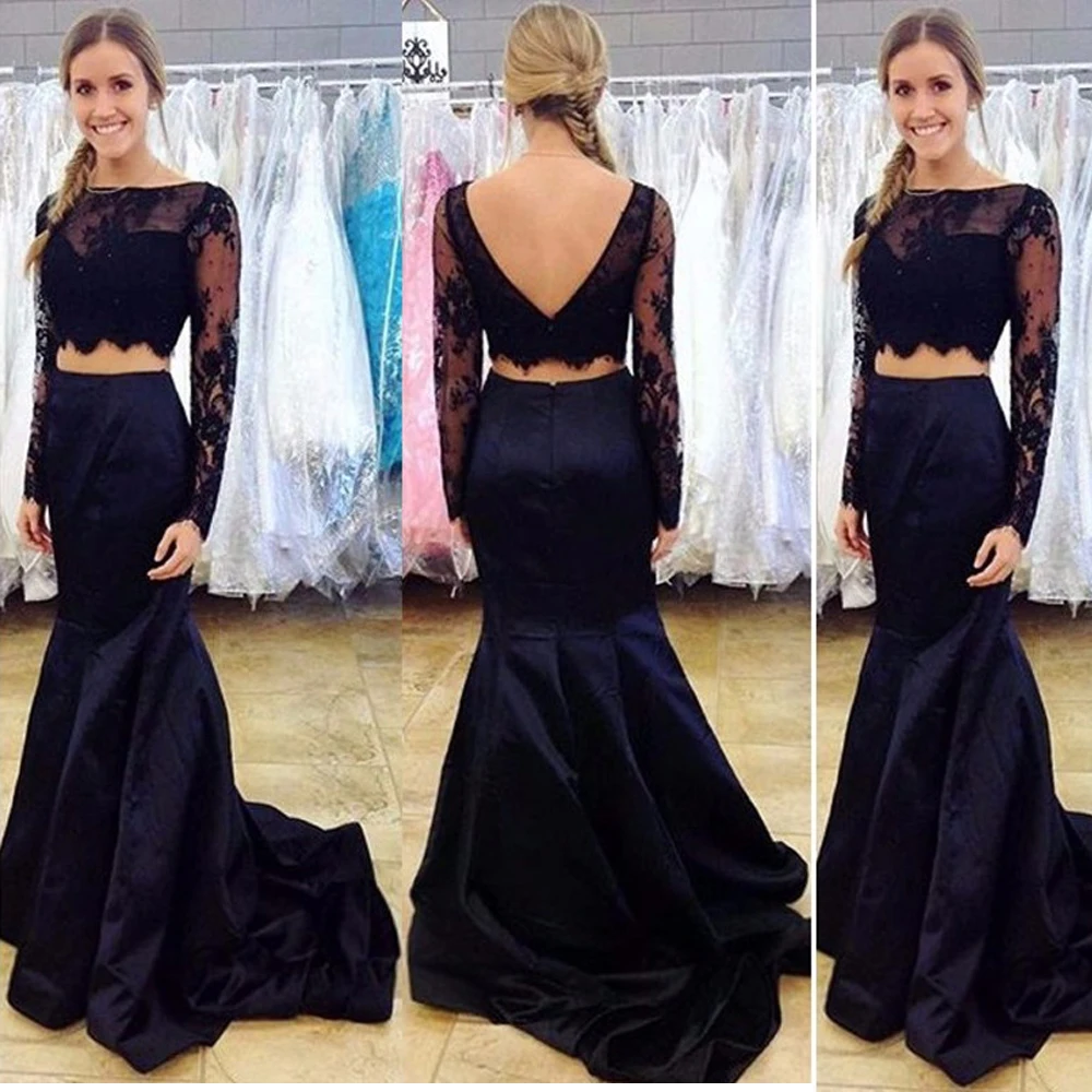 Elegant Two Piece Mermaid Lace Navy Blue Prom Dresses 2018 Long Sleeves Satin V-Neck Backless Women Formal Party Gowns
Elegant Two Piece Mermaid Lace Navy Blue Prom Dresses 2018 Long Sleeves Satin V-Neck Backless Women Formal Party Gowns