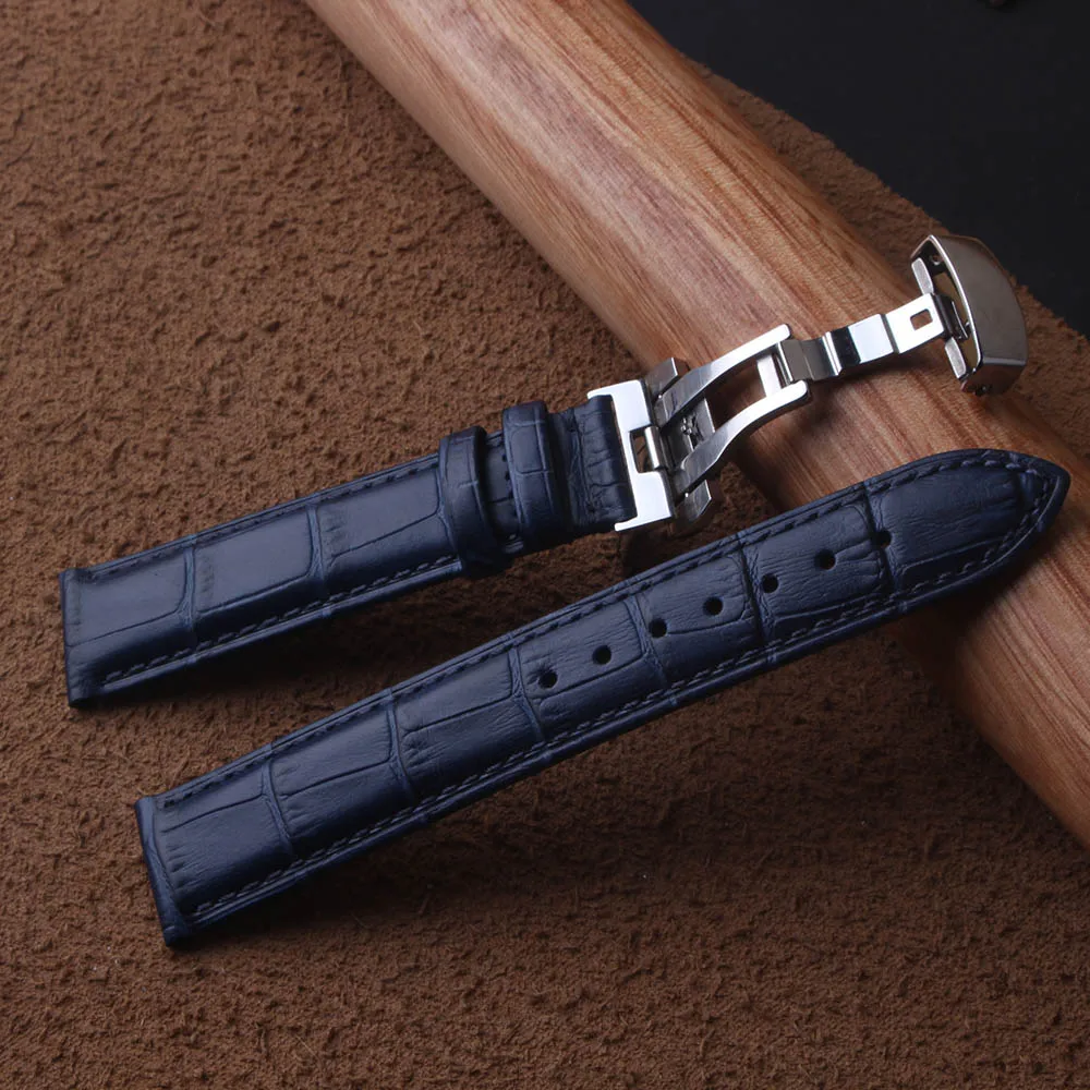 

High Quality Leather Genuine Watchbands Straps Dark Blue Silver Butterfly Buckles Clasps 14mm 15mm 16mm 17mm 18mm 19mm 20mm 22mm