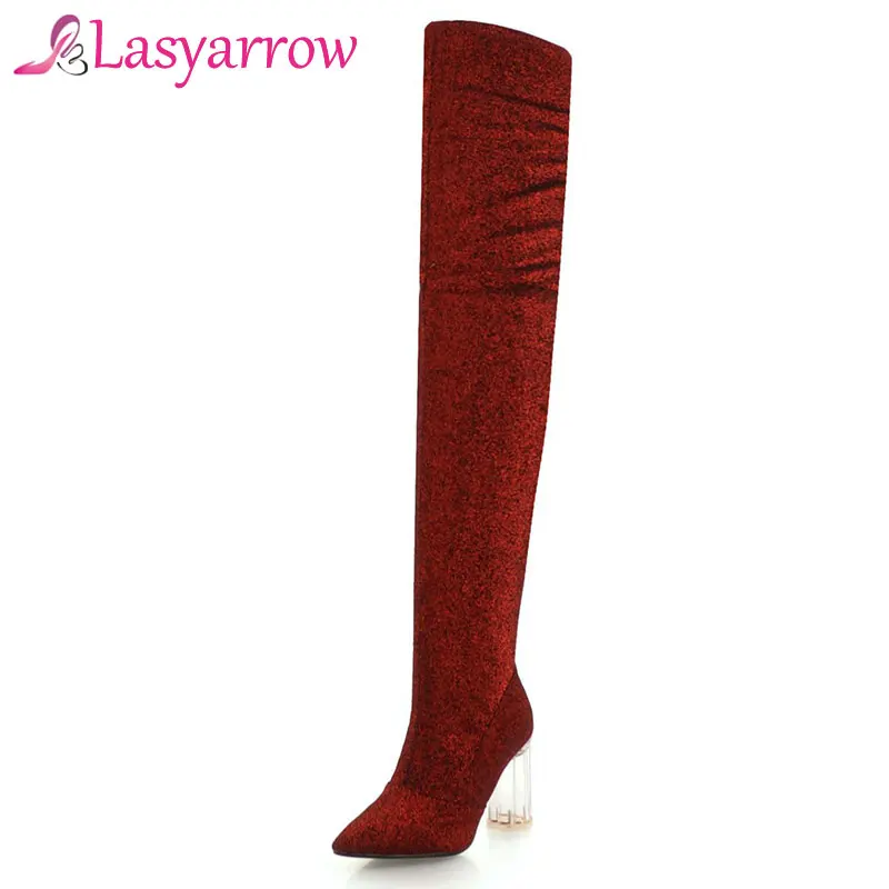 

Lasyarrow Women Thigh High Boots Sexy Over the Knee Boots Pointy Toe High Heel Long Boots Black Red Wedding Shoes Gold Silver