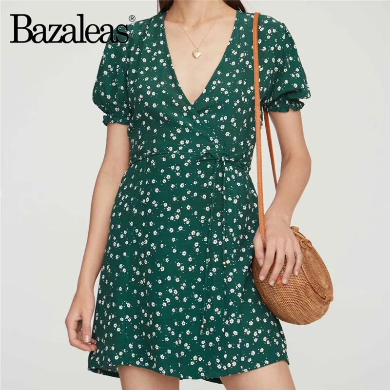 Bazaleas Vintage Fashion V Neck Wrap women dresses Green Floral Print Summer Dress Chic Chiffon mini vestido drop shipping
Bazaleas Vintage Fashion V Neck Wrap women dresses Green Floral Print Summer Dress Chic Chiffon mini vestido drop shipping