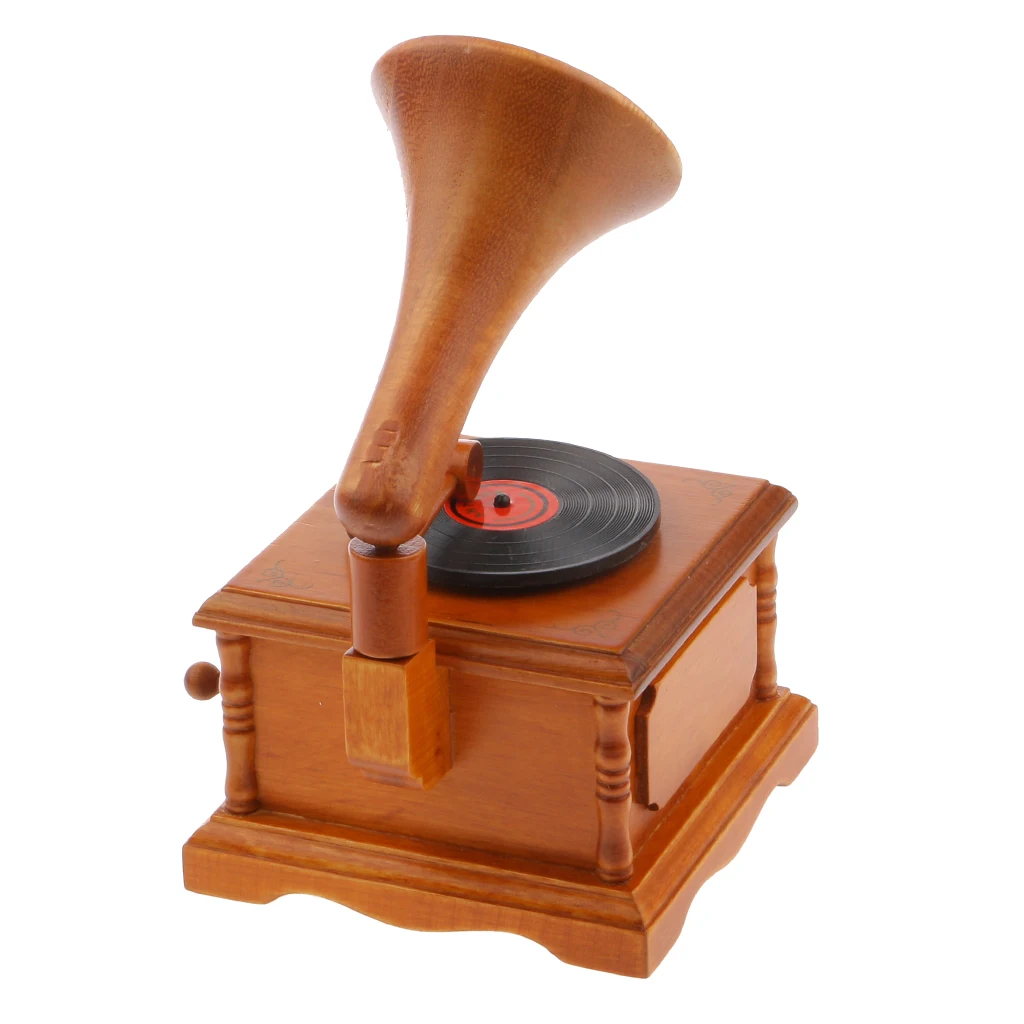 Hot Sale Vintage Wooden Gramophone Music Box Melody Box Desk Decoration Wedding March for Office Home Decor Favor Gift Supplies