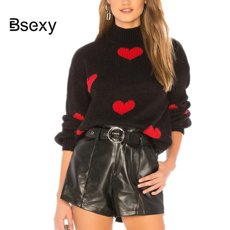 Women Red Heart Pattern Sweater 2019 New Fashion Turtleneck Short Sweater High Neck PUllovers Black sueter mujer streetwear
Women Red Heart Pattern Sweater 2019 New Fashion Turtleneck Short Sweater High Neck PUllovers Black sueter mujer streetwear