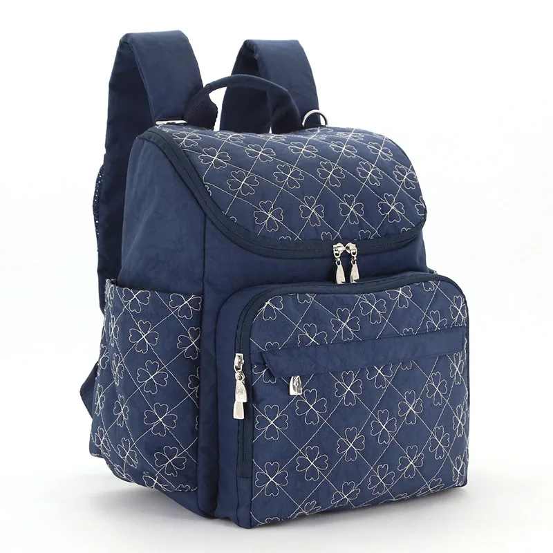 White&Blue Triangle Grid Flower Printed Square Vertical Section Mummy Diaper Bags Zipper Pocket Canvas Casual Backpack 02